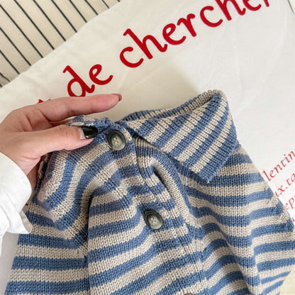 ボーダーニットカーディガン 襟付き 長袖 ボタン開閉 トップス【mh0011431】