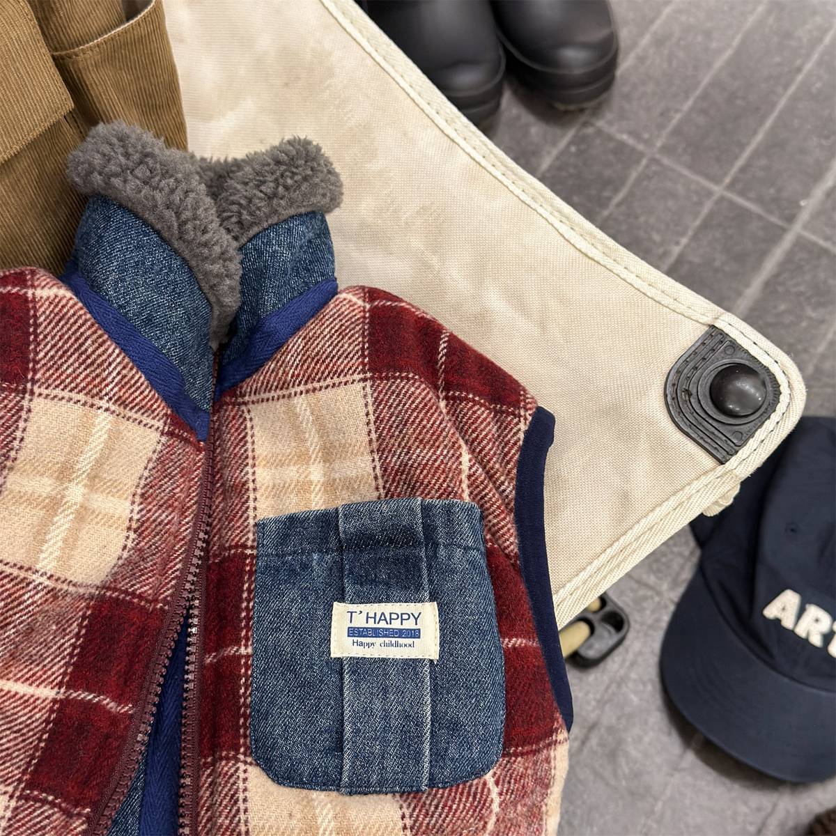 -チェック柄ベスト 裏ボア デニムポケット 中綿入り アウター【mh0011418】 - mamahalo shop - ベスト -  べビー服 - 子供服 - 男の子 - 女の子