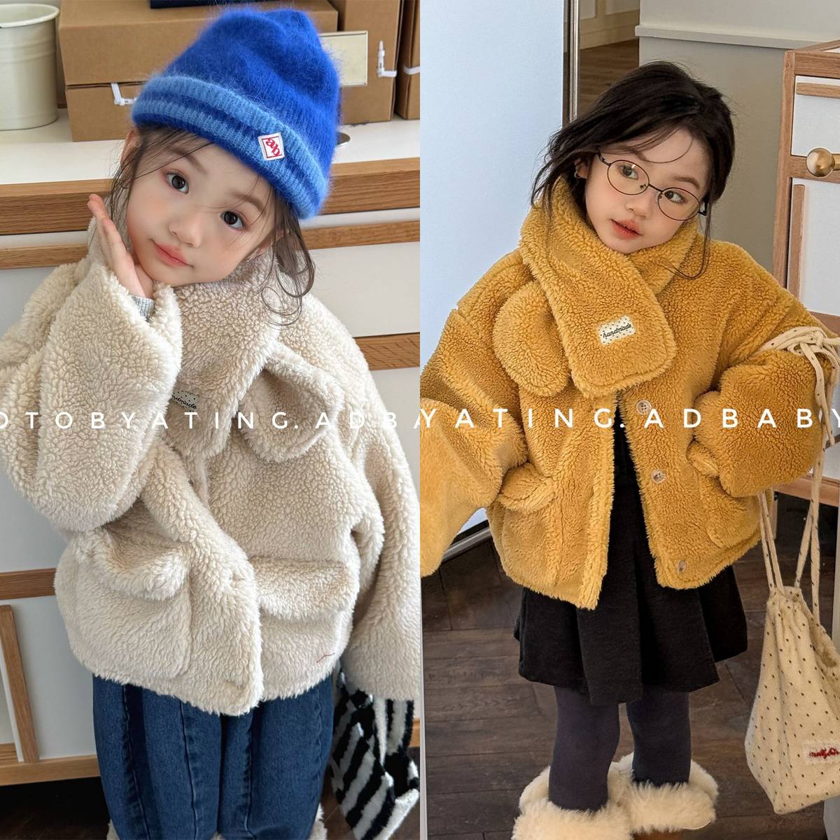 -シープボアジャケット 2点セット もこもこアウター ビッグポケット マフラーセット【mh0011408】 - mamahalo shop - ショートコート・ジャケット・ジャンパー -  べビー服 - 子供服 - 男の子 - 女の子