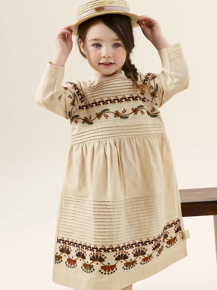-長袖ワンピース 麻混素材 刺繍 ボヘミアン ギャザー フレア 森ガール【mh0011303】 - mamahalo shop - 長袖ワンピース -  べビー服 - 子供服 - 男の子 - 女の子