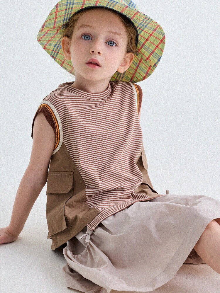 Striped Cargo Vest Cotton T-shirt Camiseta sin mangas de rayas【mh0013203】