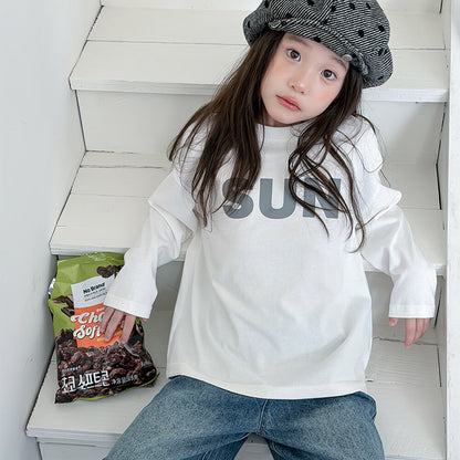 キッズ ジュニア 英字ロゴ プリント クルーネック 長袖Tシャツ【mh0014421】