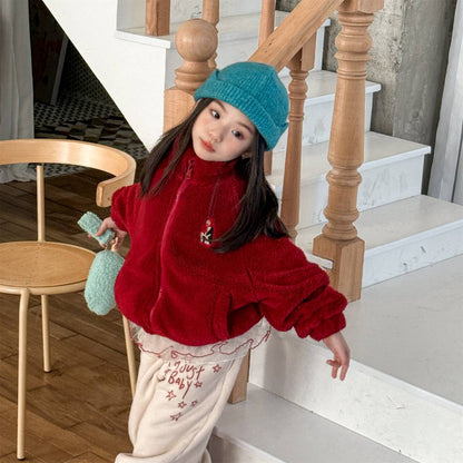 -ボアジャケット アウター ジップアップ 腕ライン 刺繍入り もこもこ素材【mh0011398】 - mamahalo shop - ショートコート・ジャケット・ジャンパー -  べビー服 - 子供服 - 男の子 - 女の子