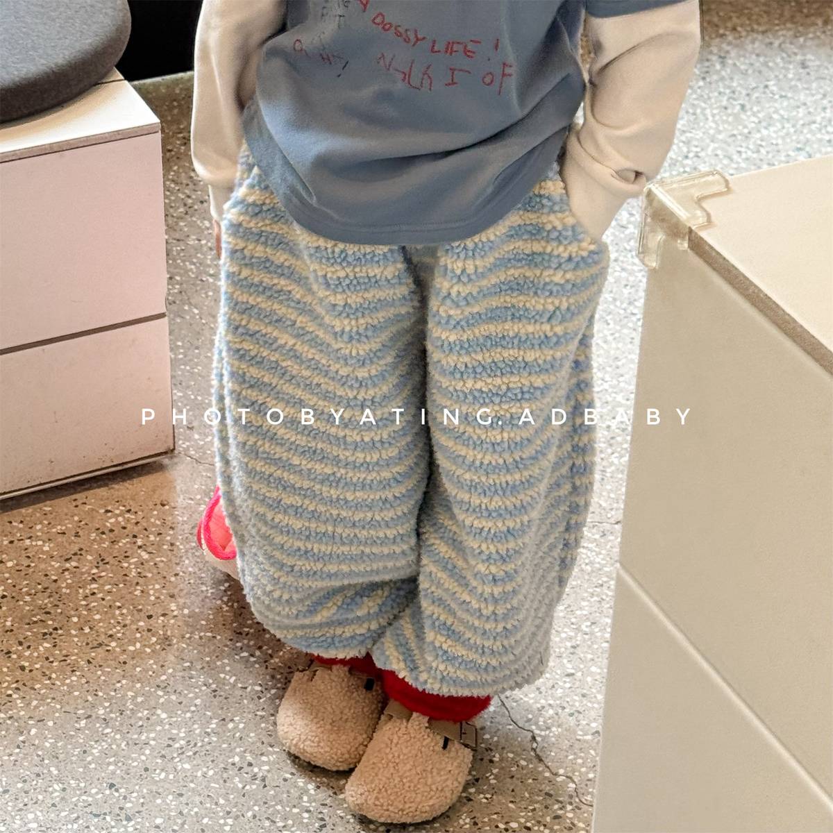 -ロングパンツ シープボア ボーダー柄 もこもこボア 長ズボン【mh0011400】 - mamahalo shop - ロングパンツ・スウェットパンツ -  べビー服 - 子供服 - 男の子 - 女の子