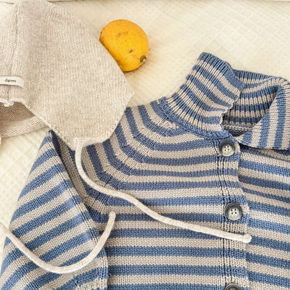 ボーダーニットカーディガン 襟付き 長袖 ボタン開閉 トップス【mh0011431】