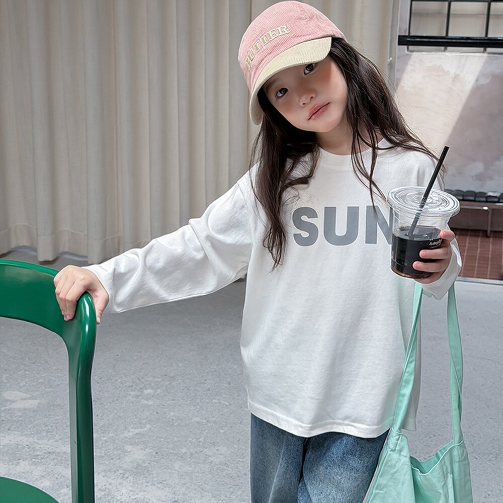 キッズ ジュニア 英字ロゴ プリント クルーネック 長袖Tシャツ【mh0014421】