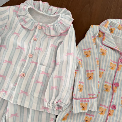 -ストライプくま/リボンプリント長袖パジャマセットアップ 2点セット【mh0011232】 - mamahalo shop - 長袖パジャマ -  べビー服 - 子供服 - 男の子 - 女の子