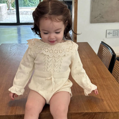 -花柄レース襟付き長袖ニットロンパース【mh0011150】 - mamahalo shop - 長袖ロンパース -  べビー服 - 子供服 - 男の子 - 女の子