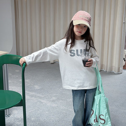 キッズ ジュニア 英字ロゴ プリント クルーネック 長袖Tシャツ【mh0014421】
