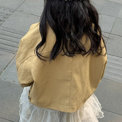 -フェイクレザーショートジャケット フルジップアウター レトロブルゾン【mh0011064】 - mamahalo shop - ショートコート・ジャケット・ジャンパー -  べビー服 - 子供服 - 男の子 - 女の子