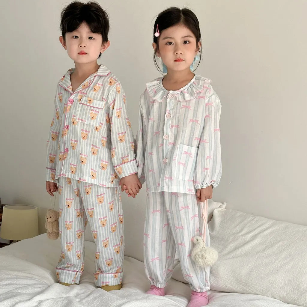 -ストライプくま/リボンプリント長袖パジャマセットアップ 2点セット【mh0011232】 - mamahalo shop - 長袖パジャマ -  べビー服 - 子供服 - 男の子 - 女の子
