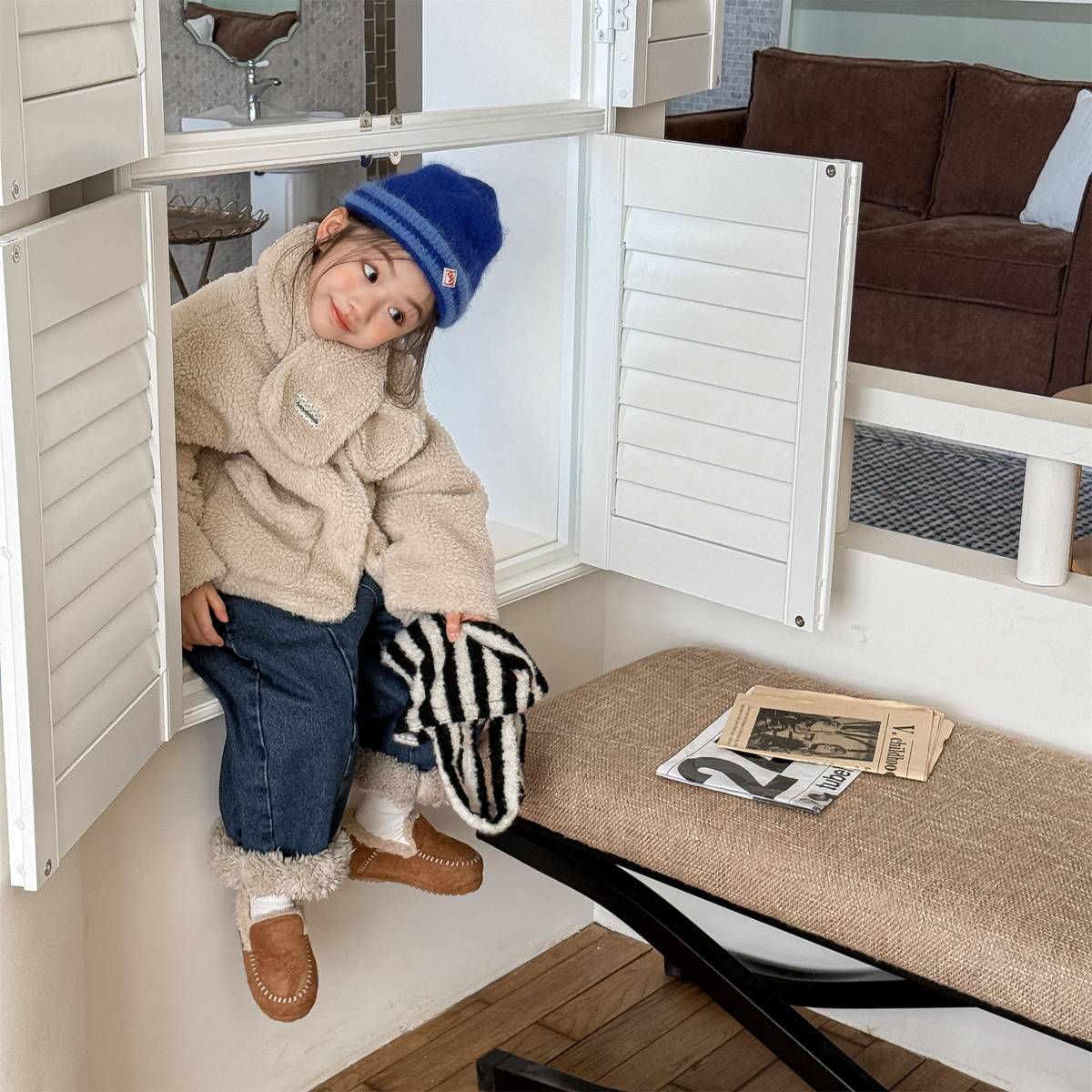 -シープボアジャケット 2点セット もこもこアウター ビッグポケット マフラーセット【mh0011408】 - mamahalo shop - ショートコート・ジャケット・ジャンパー -  べビー服 - 子供服 - 男の子 - 女の子