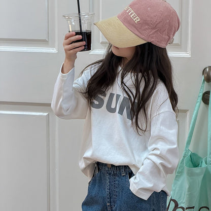 キッズ ジュニア 英字ロゴ プリント クルーネック 長袖Tシャツ【mh0014421】