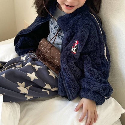 -ボアジャケット アウター ジップアップ 腕ライン 刺繍入り もこもこ素材【mh0011398】 - mamahalo shop - ショートコート・ジャケット・ジャンパー -  べビー服 - 子供服 - 男の子 - 女の子