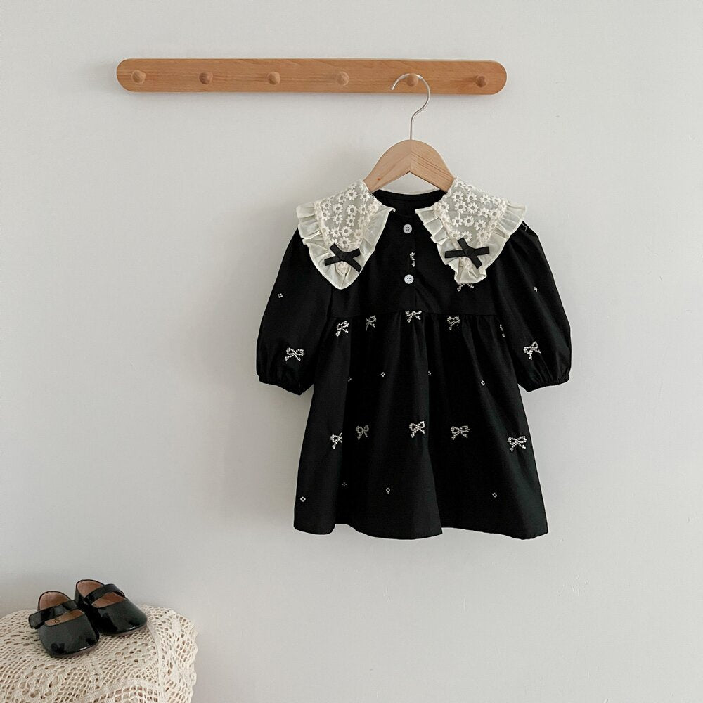 ベビー キッズ リボン柄 刺繍 レース襟 長袖ワンピース ロンパース【mh0014446】