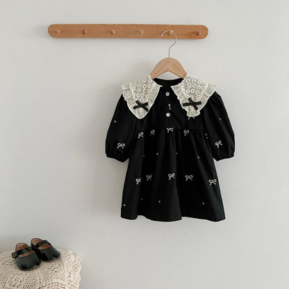 ベビー キッズ リボン柄 刺繍 レース襟 長袖ワンピース ロンパース【mh0014446】