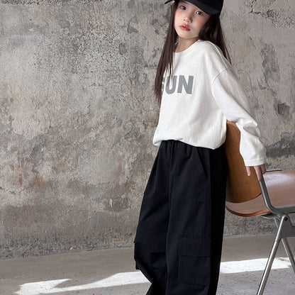 キッズ ジュニア 英字ロゴ プリント クルーネック 長袖Tシャツ【mh0014421】