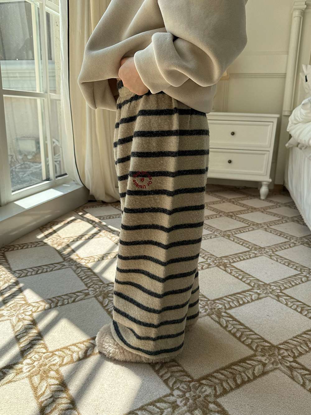 ロングボアパンツ もこもこ ボーダー スウェットパンツ【mh0011465】