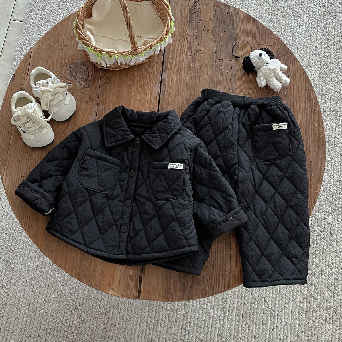 -長袖キルティングジャケット+パンツ セットアップ 2点セット 防寒 中綿ダイヤ柄【mh0011387】 - mamahalo shop - 長袖セットアップ -  べビー服 - 子供服 - 男の子 - 女の子