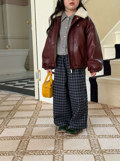 Long pants, brushed lining, check pattern, straight pants [mh0011463]