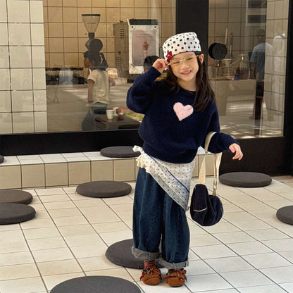 長袖ニット ハート柄プルオーバー クルーネック ゆるシルエット【mh0011432】