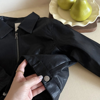 -フェイクレザーショートジャケット フルジップアウター レトロブルゾン【mh0011064】 - mamahalo shop - ショートコート・ジャケット・ジャンパー -  べビー服 - 子供服 - 男の子 - 女の子
