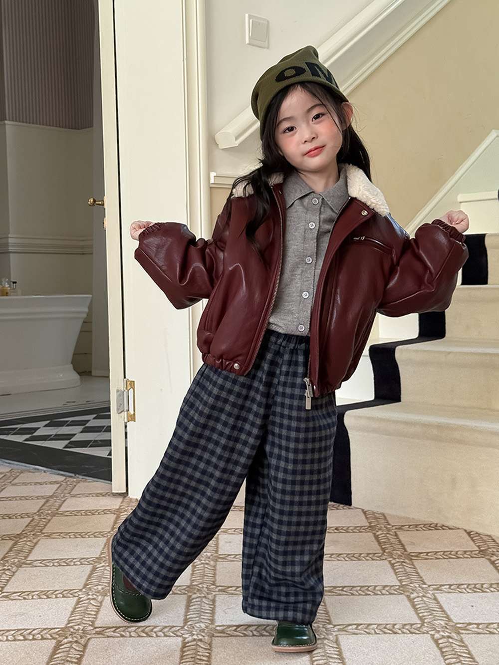 Long pants, brushed lining, check pattern, straight pants [mh0011463]