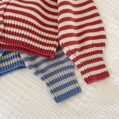 ボーダーニットカーディガン 襟付き 長袖 ボタン開閉 トップス【mh0011431】