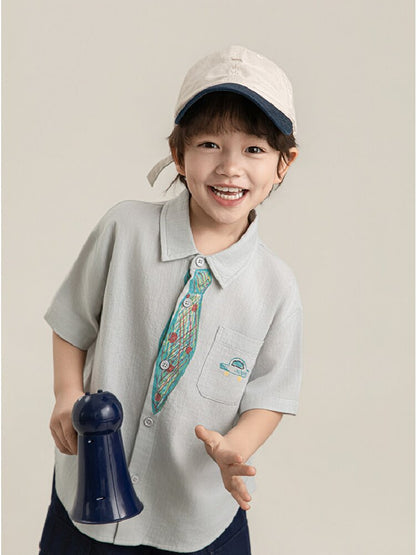 Hand-Drawn Tie Print Cotton Shirt ネクタイプリント コットン 半袖シャツ【mh0012731】