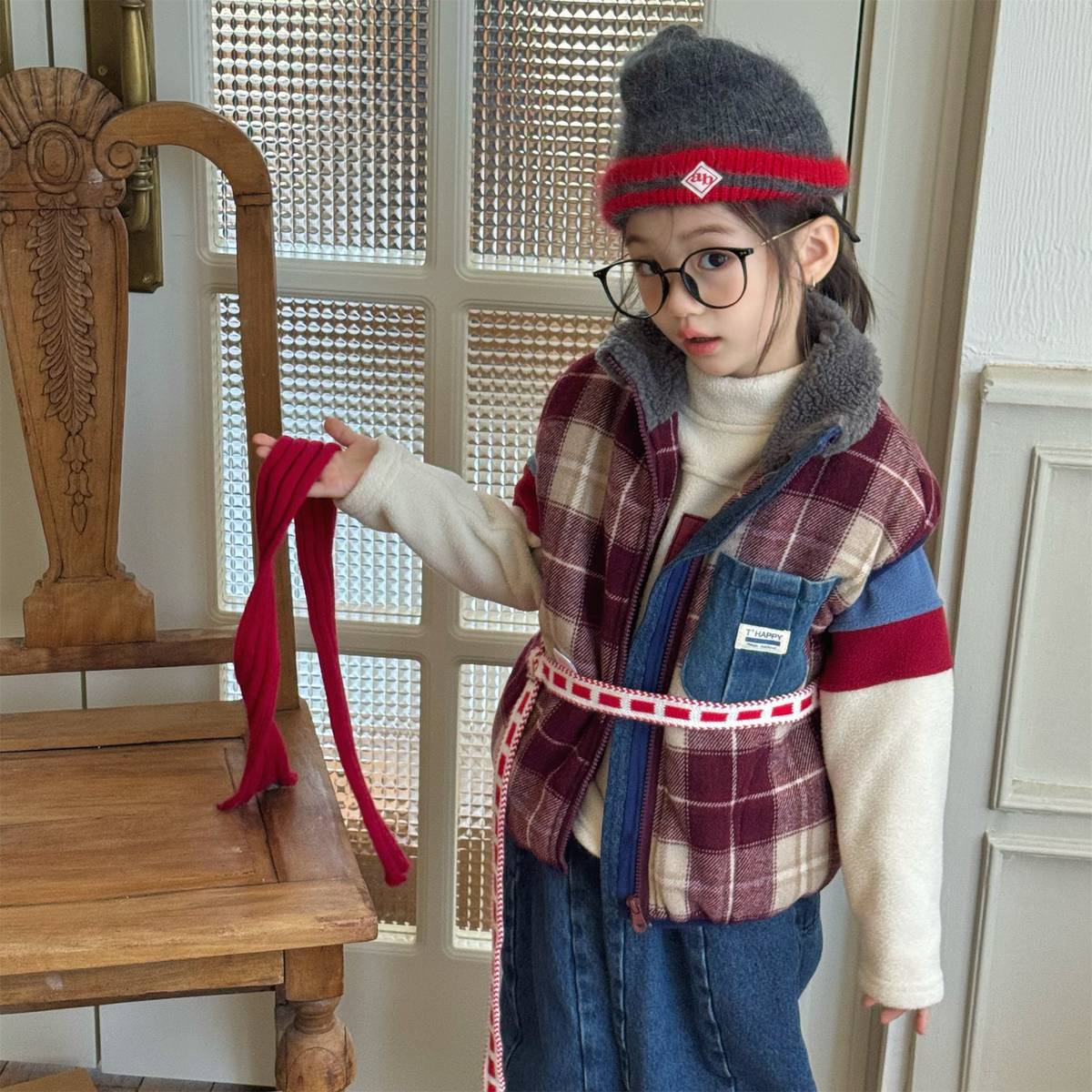 -チェック柄ベスト 裏ボア デニムポケット 中綿入り アウター【mh0011418】 - mamahalo shop - ベスト -  べビー服 - 子供服 - 男の子 - 女の子