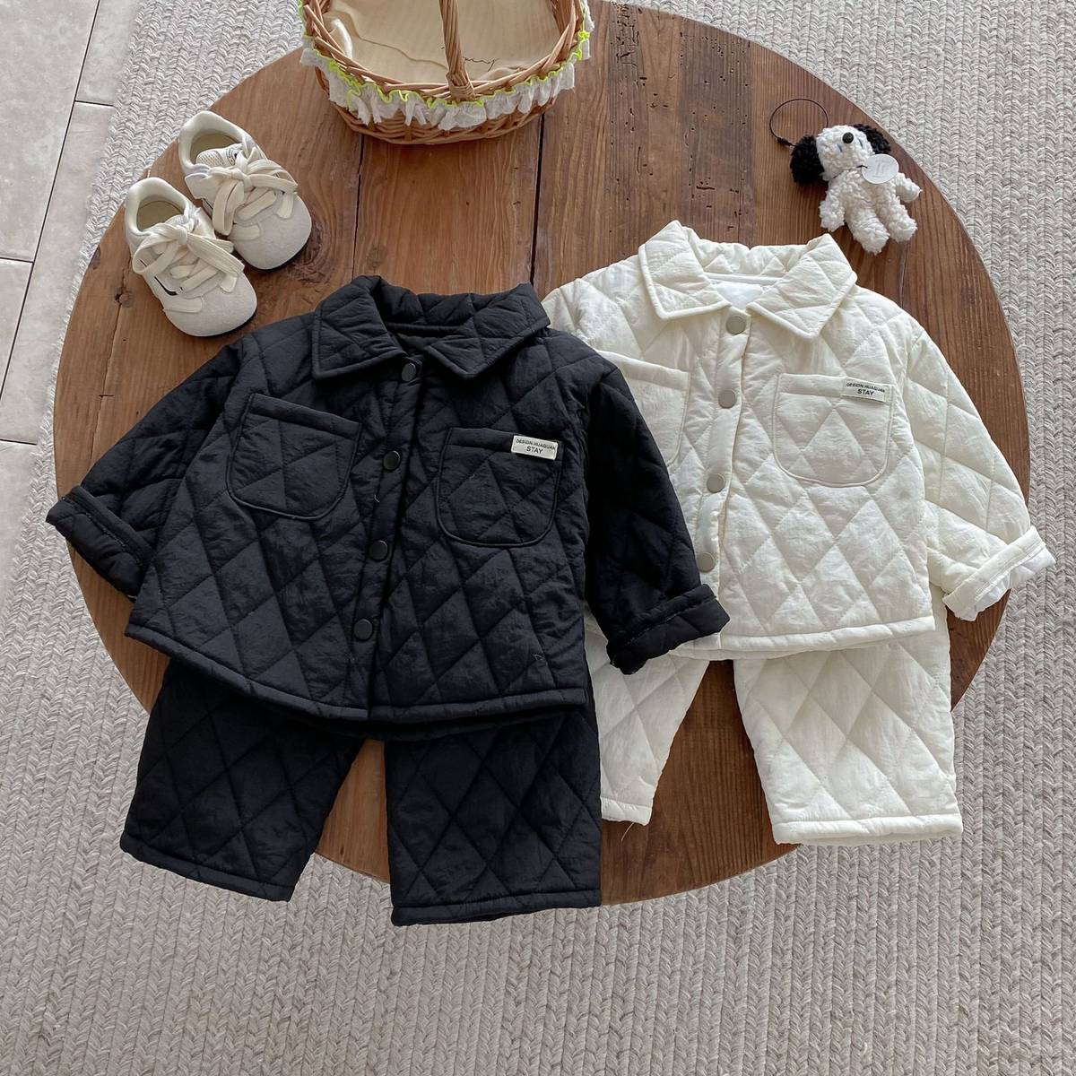 -長袖キルティングジャケット+パンツ セットアップ 2点セット 防寒 中綿ダイヤ柄【mh0011387】 - mamahalo shop - 長袖セットアップ -  べビー服 - 子供服 - 男の子 - 女の子