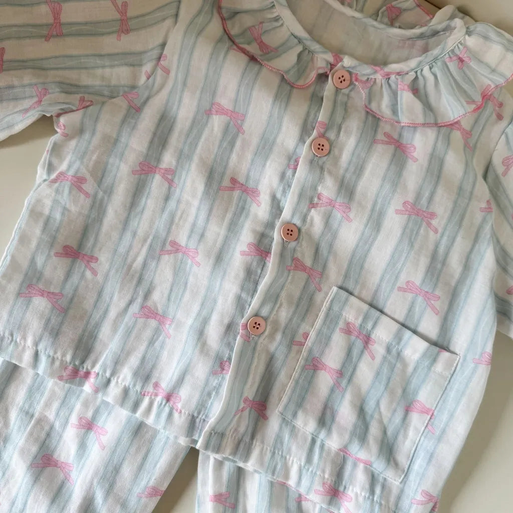 -ストライプくま/リボンプリント長袖パジャマセットアップ 2点セット【mh0011232】 - mamahalo shop - 長袖パジャマ -  べビー服 - 子供服 - 男の子 - 女の子