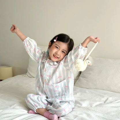 -ストライプくま/リボンプリント長袖パジャマセットアップ 2点セット【mh0011232】 - mamahalo shop - 長袖パジャマ -  べビー服 - 子供服 - 男の子 - 女の子