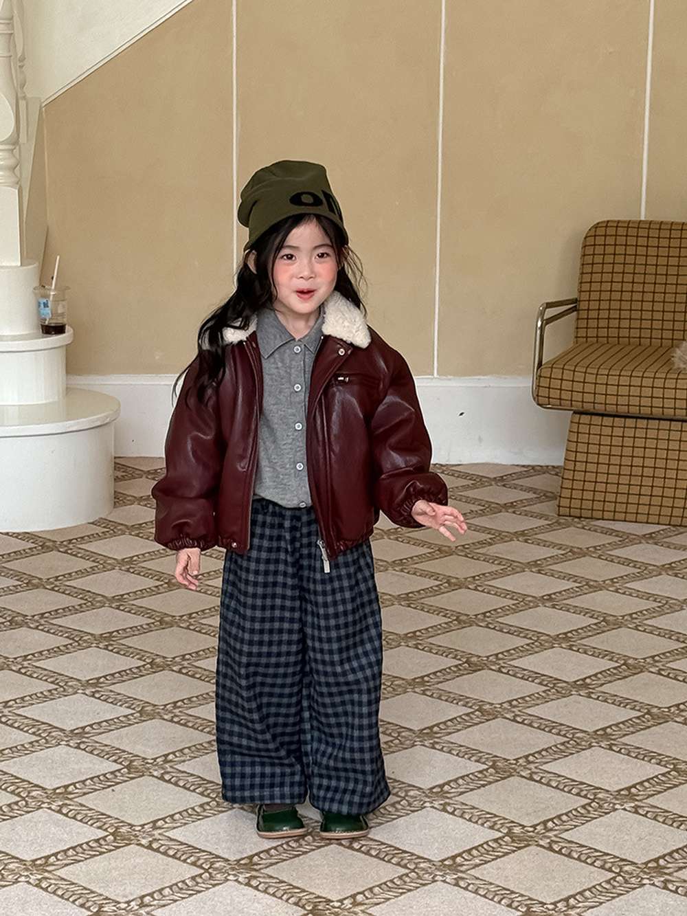 Long pants, brushed lining, check pattern, straight pants [mh0011463]