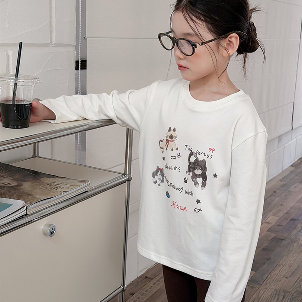 キッズ ジュニア キャットプリント 長袖Tシャツ【mh0014430】