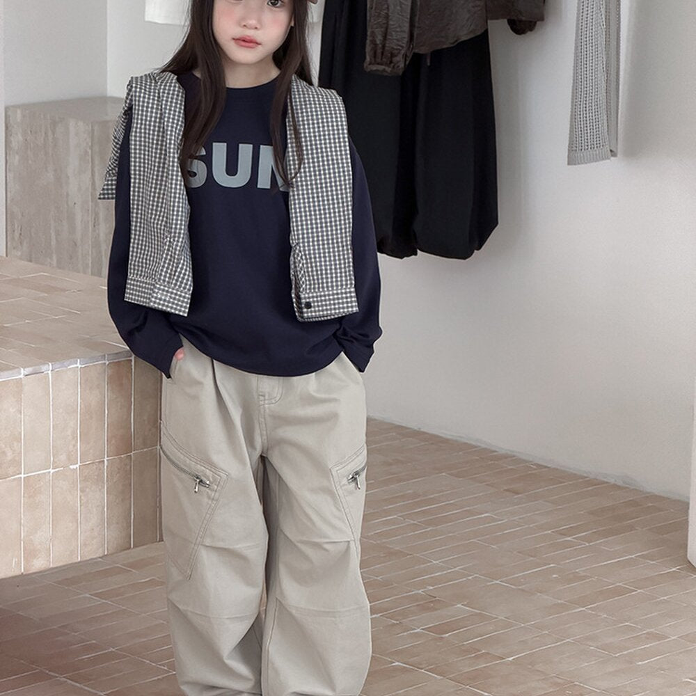 キッズ ジュニア 英字ロゴ プリント クルーネック 長袖Tシャツ【mh0014421】