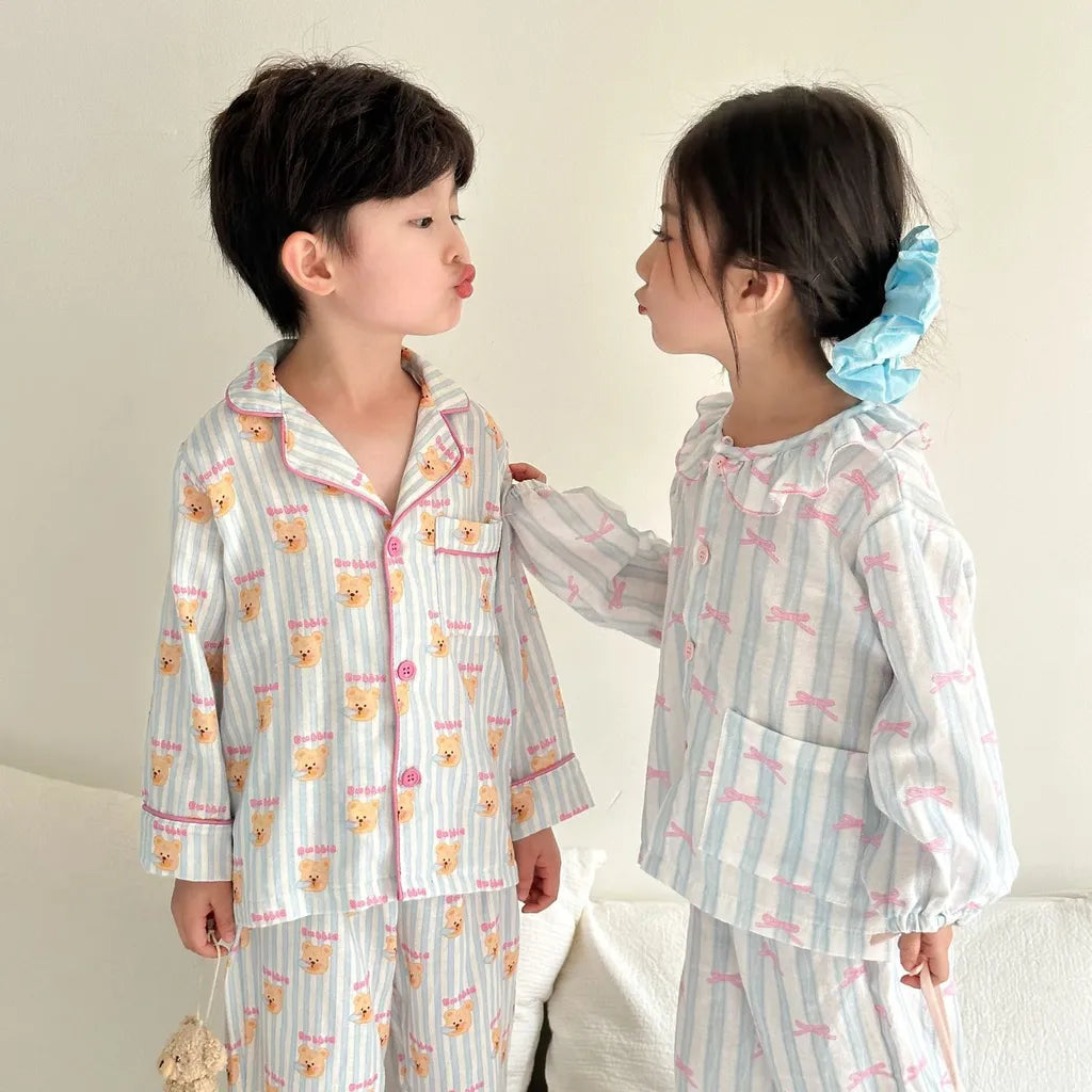 -ストライプくま/リボンプリント長袖パジャマセットアップ 2点セット【mh0011232】 - mamahalo shop - 長袖パジャマ -  べビー服 - 子供服 - 男の子 - 女の子