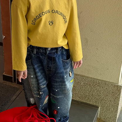 -落書き風キャラクターTシャツ ロゴ入りバックプリント長袖Tシャツ【mh0011065】 - mamahalo shop - 長袖Tシャツ -  べビー服 - 子供服 - 男の子 - 女の子