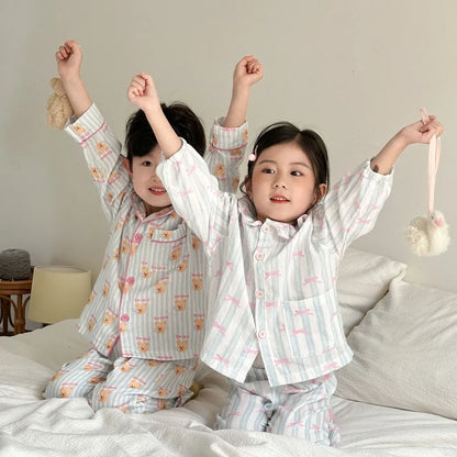 -ストライプくま/リボンプリント長袖パジャマセットアップ 2点セット【mh0011232】 - mamahalo shop - 長袖パジャマ -  べビー服 - 子供服 - 男の子 - 女の子