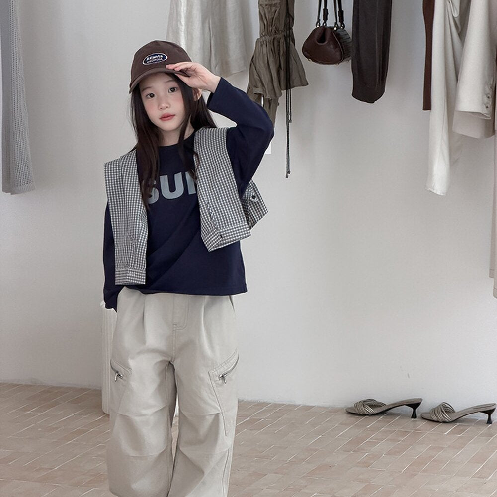 キッズ ジュニア 英字ロゴ プリント クルーネック 長袖Tシャツ【mh0014421】
