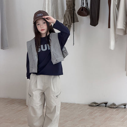 キッズ ジュニア 英字ロゴ プリント クルーネック 長袖Tシャツ【mh0014421】