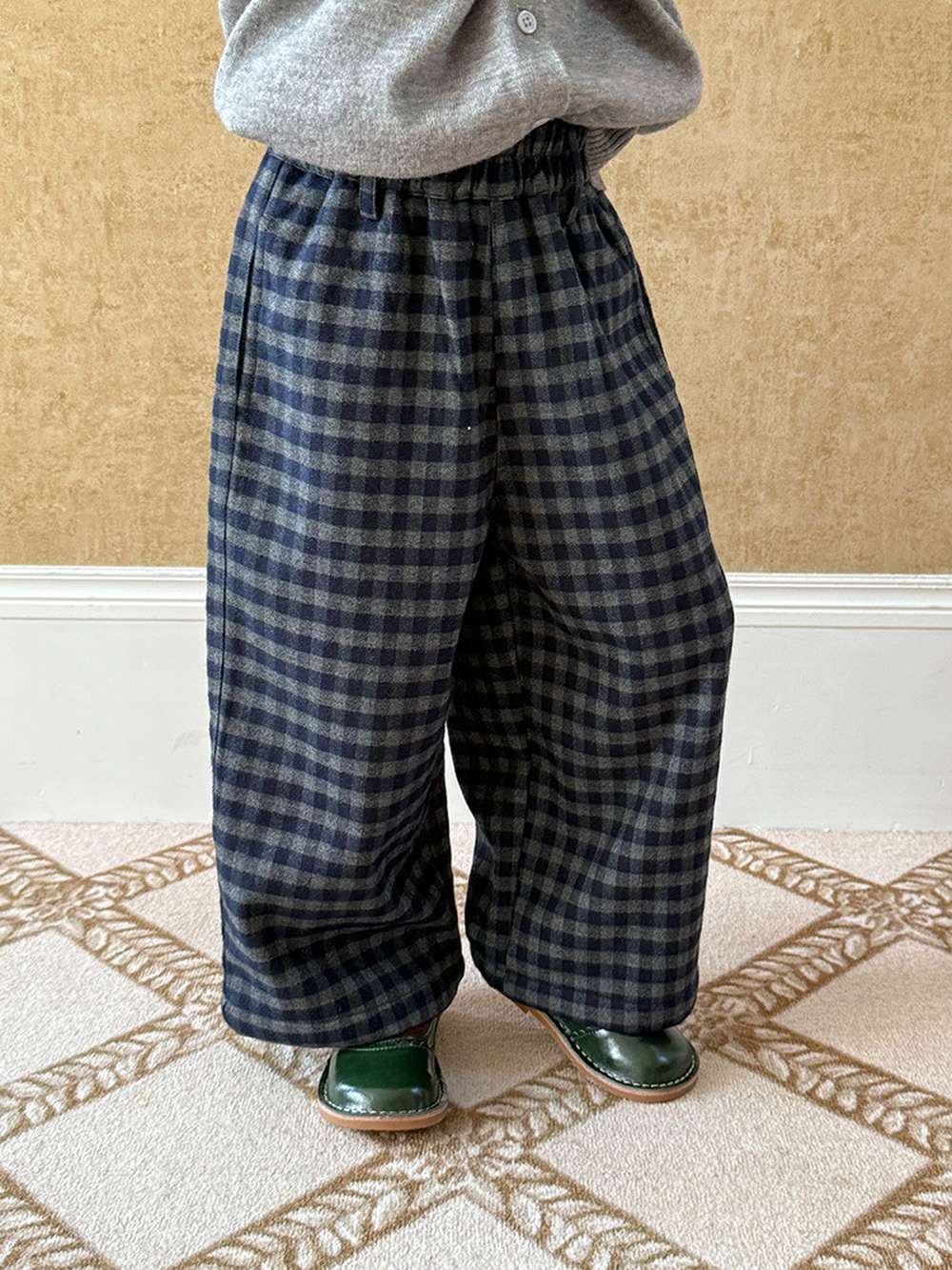 Long pants, brushed lining, check pattern, straight pants [mh0011463]