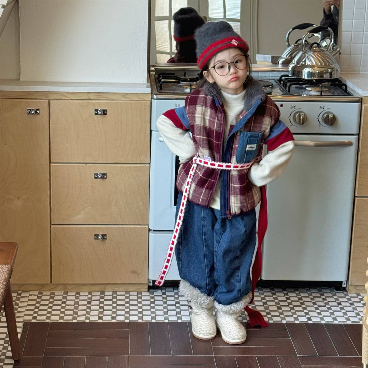 -チェック柄ベスト 裏ボア デニムポケット 中綿入り アウター【mh0011418】 - mamahalo shop - ベスト -  べビー服 - 子供服 - 男の子 - 女の子