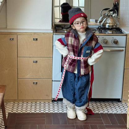 -チェック柄ベスト 裏ボア デニムポケット 中綿入り アウター【mh0011418】 - mamahalo shop - ベスト -  べビー服 - 子供服 - 男の子 - 女の子