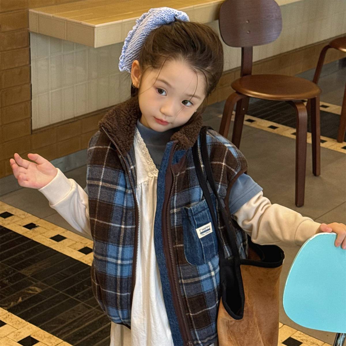 -チェック柄ベスト 裏ボア デニムポケット 中綿入り アウター【mh0011418】 - mamahalo shop - ベスト -  べビー服 - 子供服 - 男の子 - 女の子