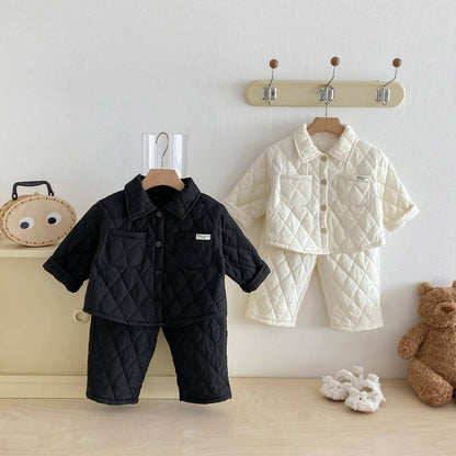 -長袖キルティングジャケット+パンツ セットアップ 2点セット 防寒 中綿ダイヤ柄【mh0011387】 - mamahalo shop - 長袖セットアップ -  べビー服 - 子供服 - 男の子 - 女の子