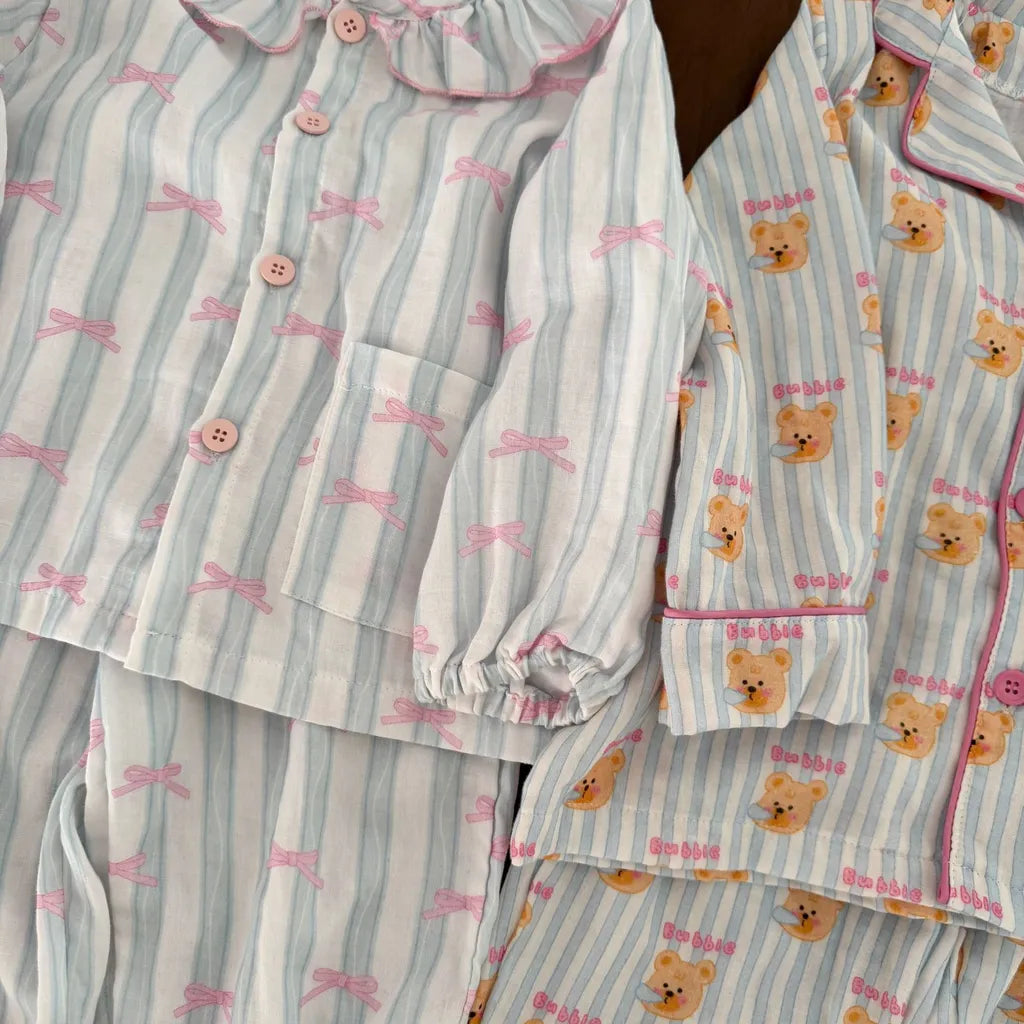 -ストライプくま/リボンプリント長袖パジャマセットアップ 2点セット【mh0011232】 - mamahalo shop - 長袖パジャマ -  べビー服 - 子供服 - 男の子 - 女の子