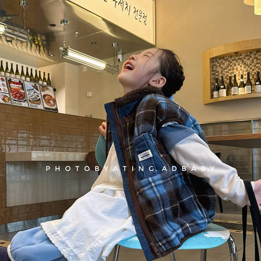 -チェック柄ベスト 裏ボア デニムポケット 中綿入り アウター【mh0011418】 - mamahalo shop - ベスト -  べビー服 - 子供服 - 男の子 - 女の子