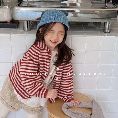 ボーダーニットカーディガン 襟付き 長袖 ボタン開閉 トップス【mh0011431】