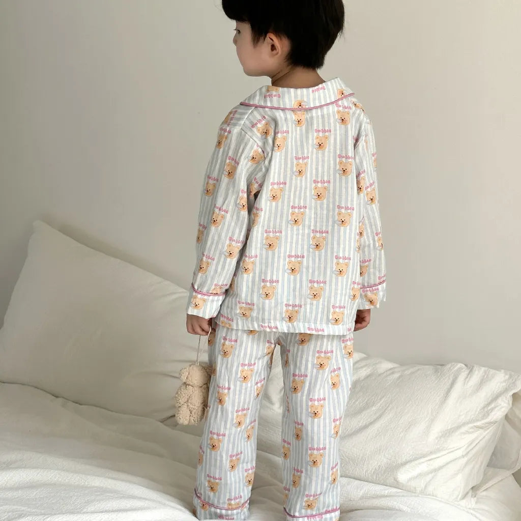 -ストライプくま/リボンプリント長袖パジャマセットアップ 2点セット【mh0011232】 - mamahalo shop - 長袖パジャマ -  べビー服 - 子供服 - 男の子 - 女の子